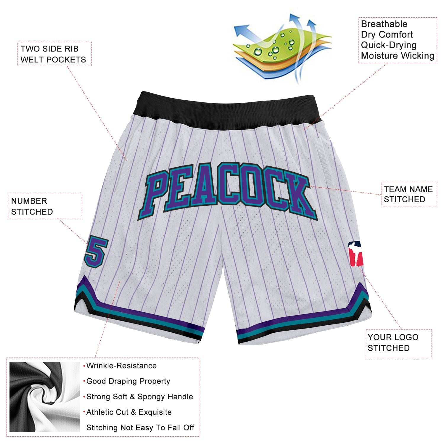 Custom White Purple Pinstripe Purple-Teal Authentic Basketball Shorts
