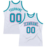 Custom White Teal-Pink Authentic Throwback Basketball Jersey