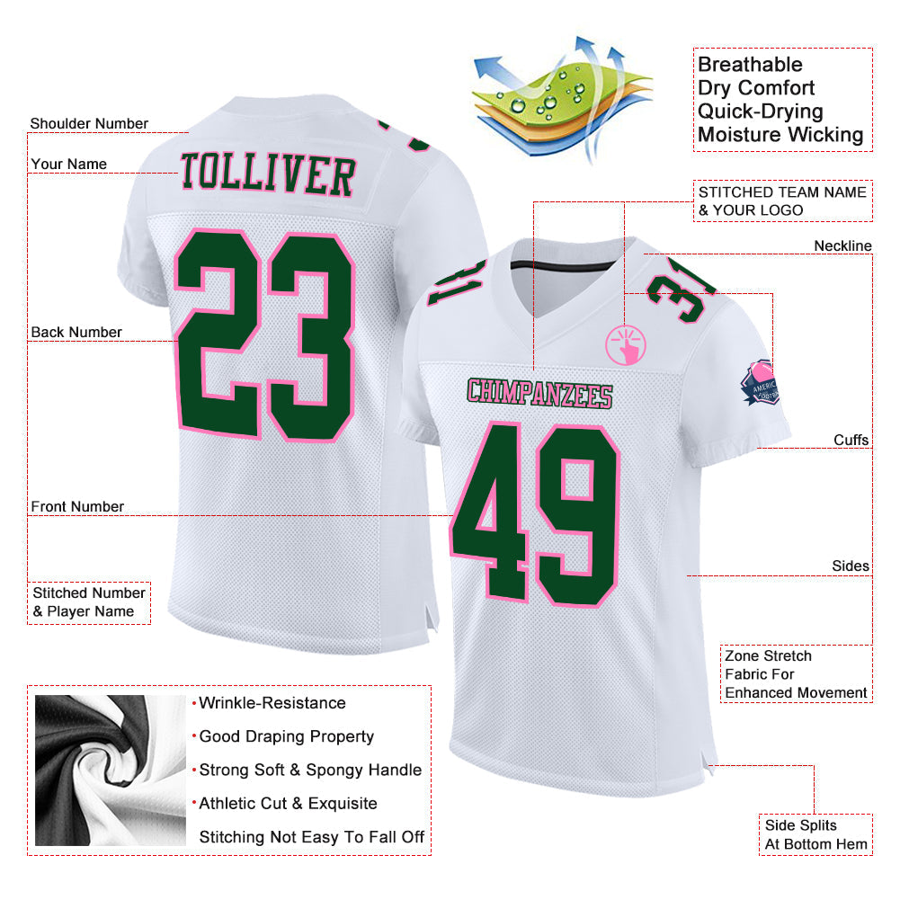 Custom White Green-Pink Mesh Authentic Football Jersey