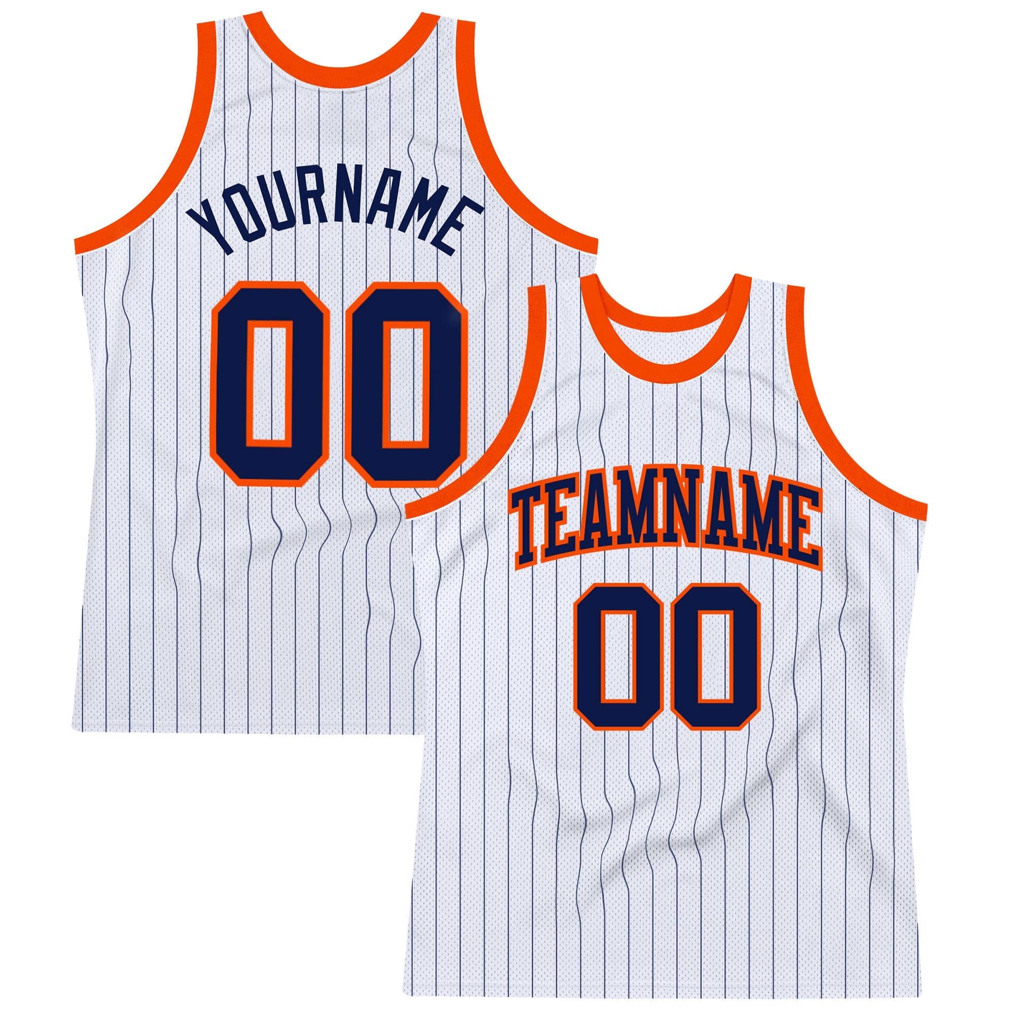 Custom White Navy Pinstripe Navy-Orange Authentic Basketball Jersey