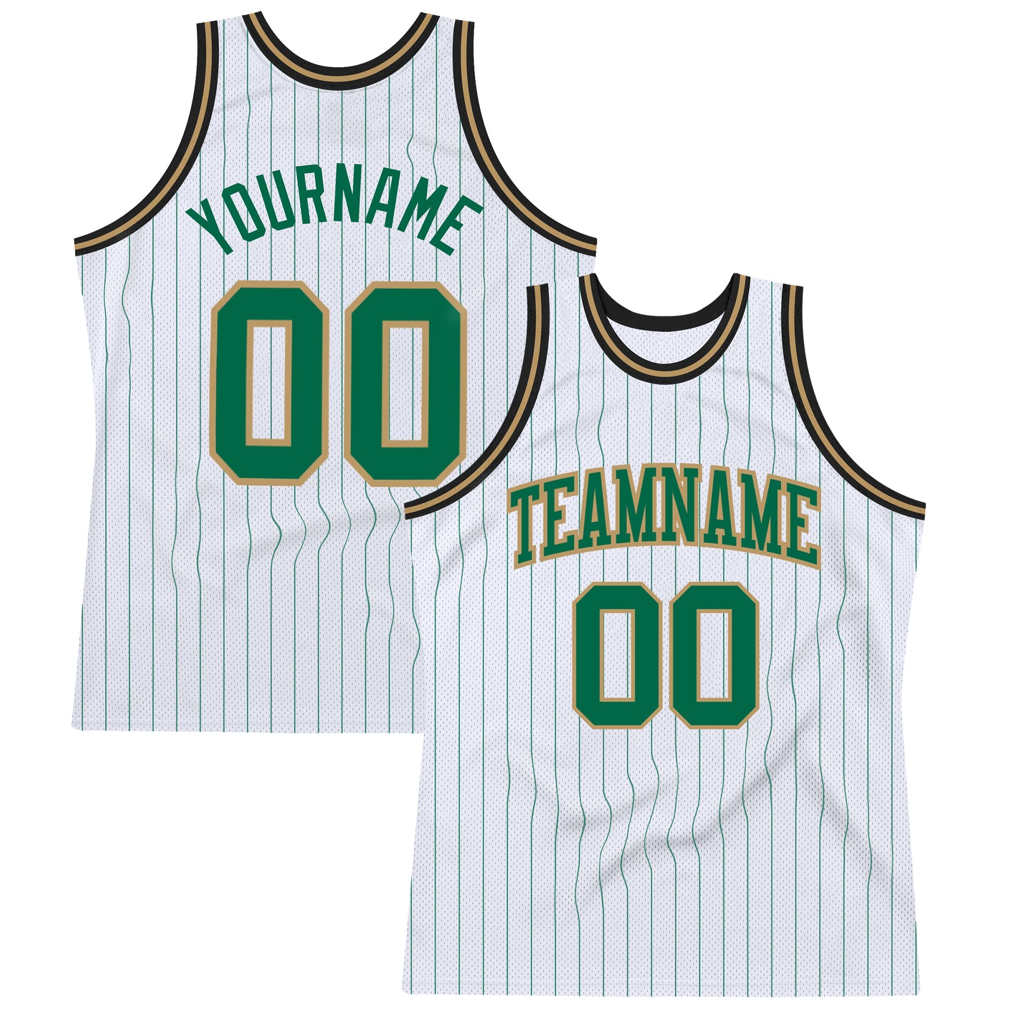 Custom White Kelly Green Pinstripe Kelly Green Old Gold-Black Authentic Basketball Jersey