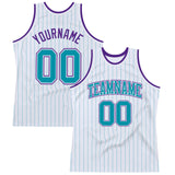 Custom White Teal Pinstripe Teal-Purple Authentic Basketball Jersey