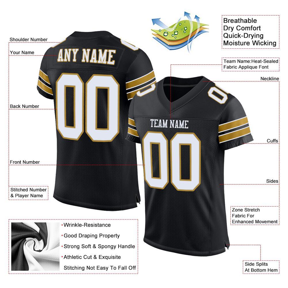 Custom Black White-Old Gold Mesh Authentic Football Jersey