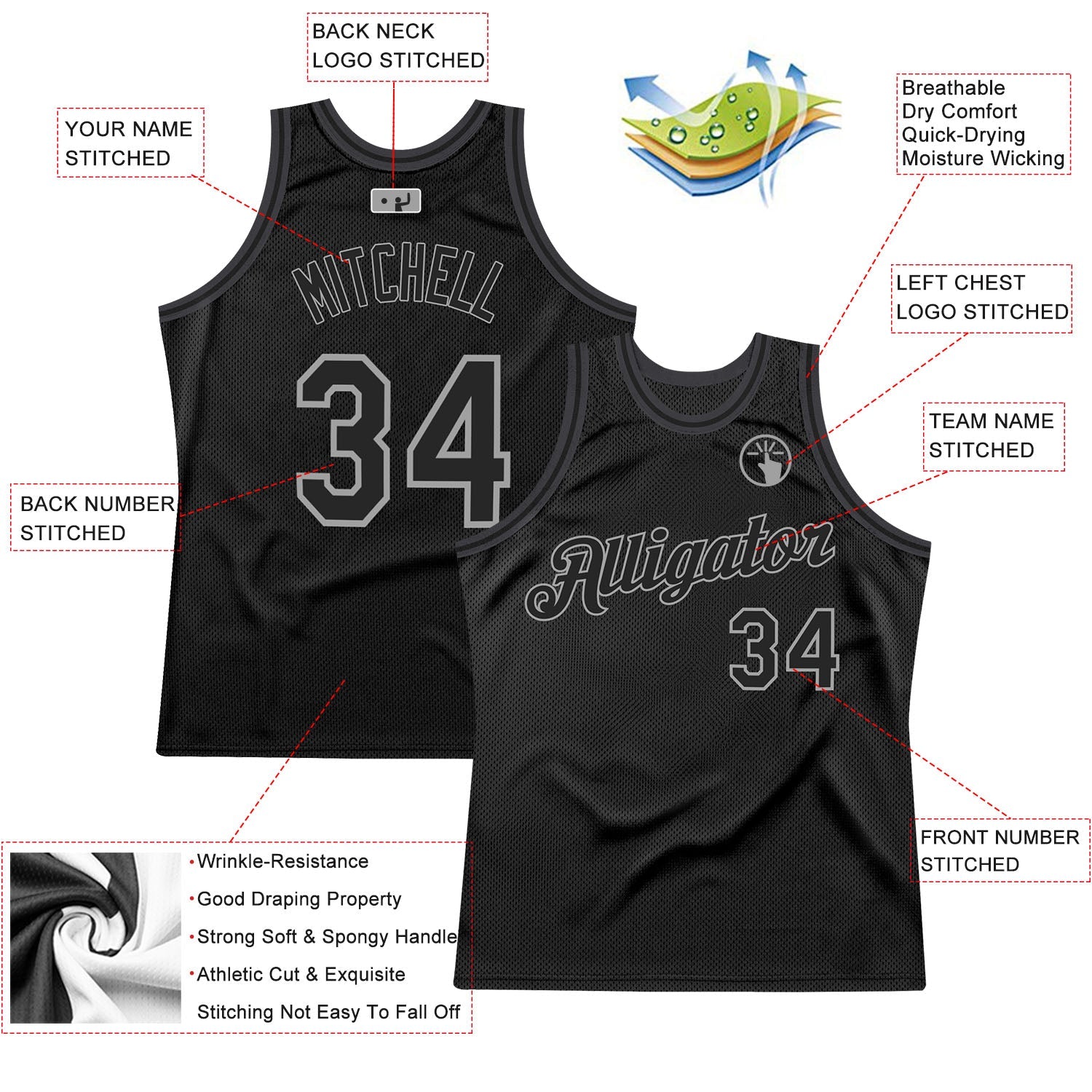 Custom Team Gray Basketball Black Black Rib-Knit Jersey Discount – snapmade
