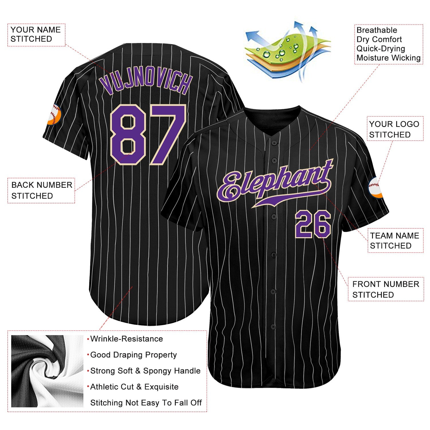Custom Black White Pinstripe Purple-White Authentic Baseball Jersey