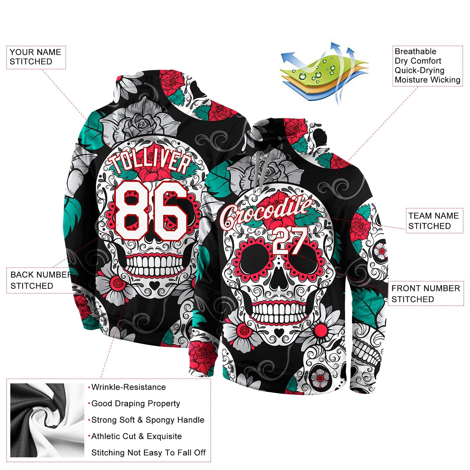 Custom Stitched Black White-Red 3D Skull Fashion Sports Pullover Sweatshirt Hoodie