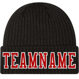 Custom Black Red-White Stitched Cuffed Knit Hat