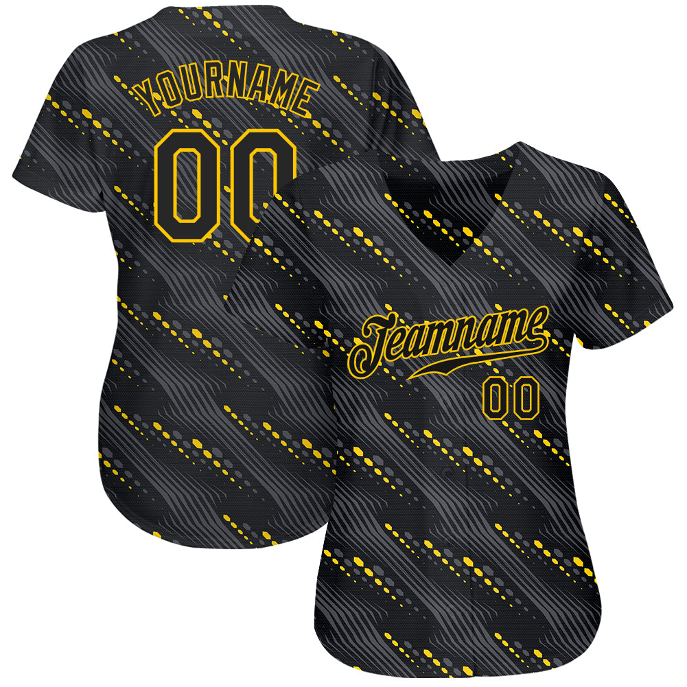 Custom Black Black-Gold 3D Pattern Design Authentic Baseball Jersey