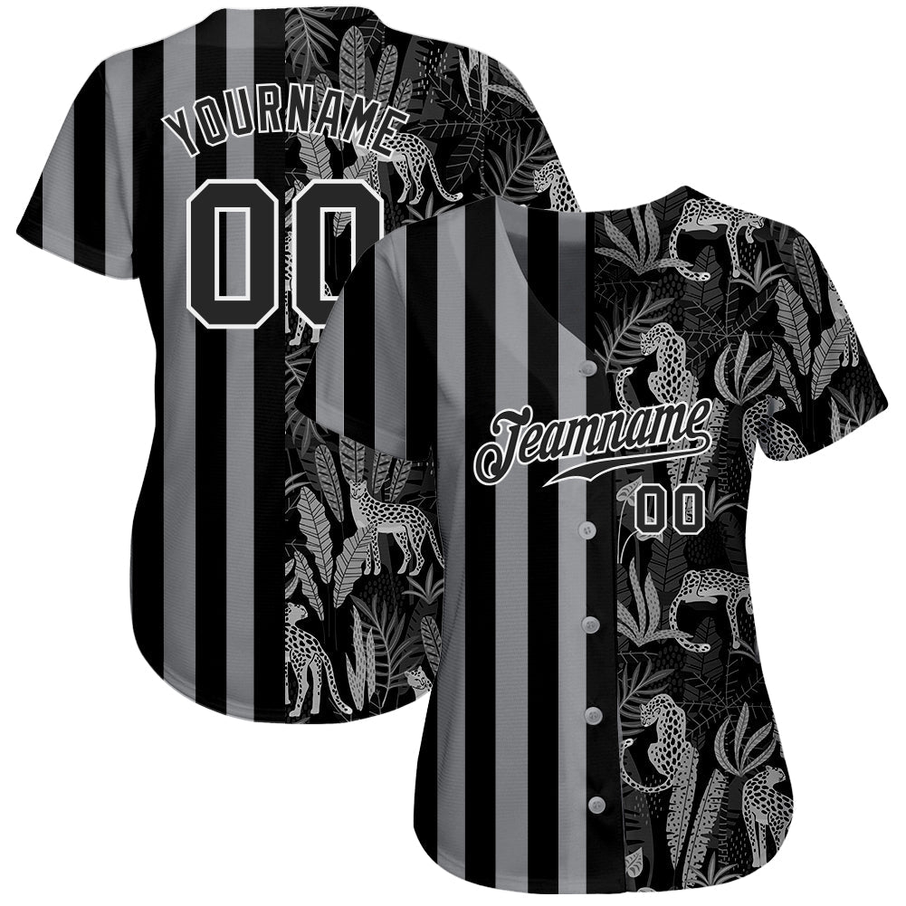 Custom Black Black-Gray 3D Pattern Design Leopards And Tropical Leaves Authentic Baseball Jersey