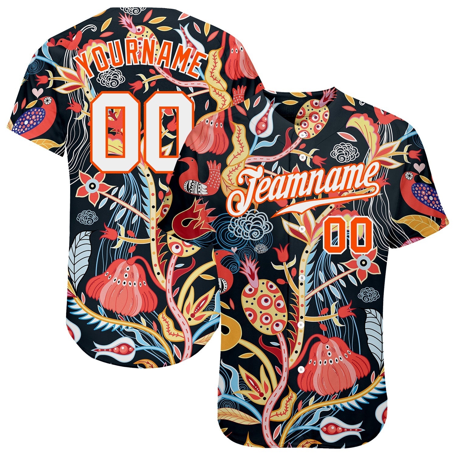 Custom Black White-Orange 3D Pattern Design Flowers Authentic Baseball Jersey