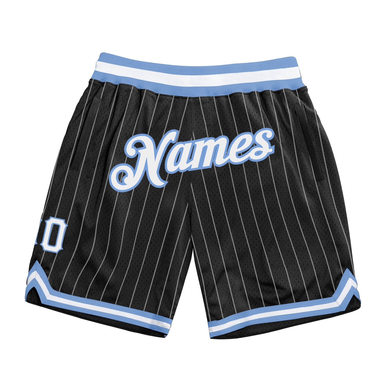 Custom Black White Pinstripe White-Light Blue Authentic Basketball Shorts
