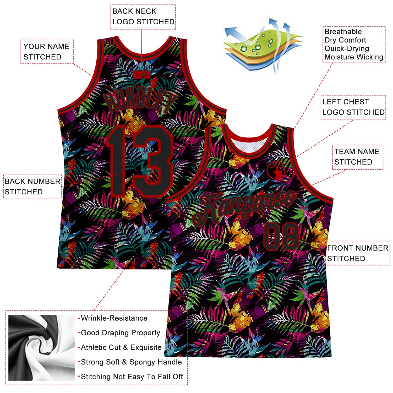 Custom Black Black-Red 3D Pattern Design Tropical Palm Leaves Authentic Basketball Jersey