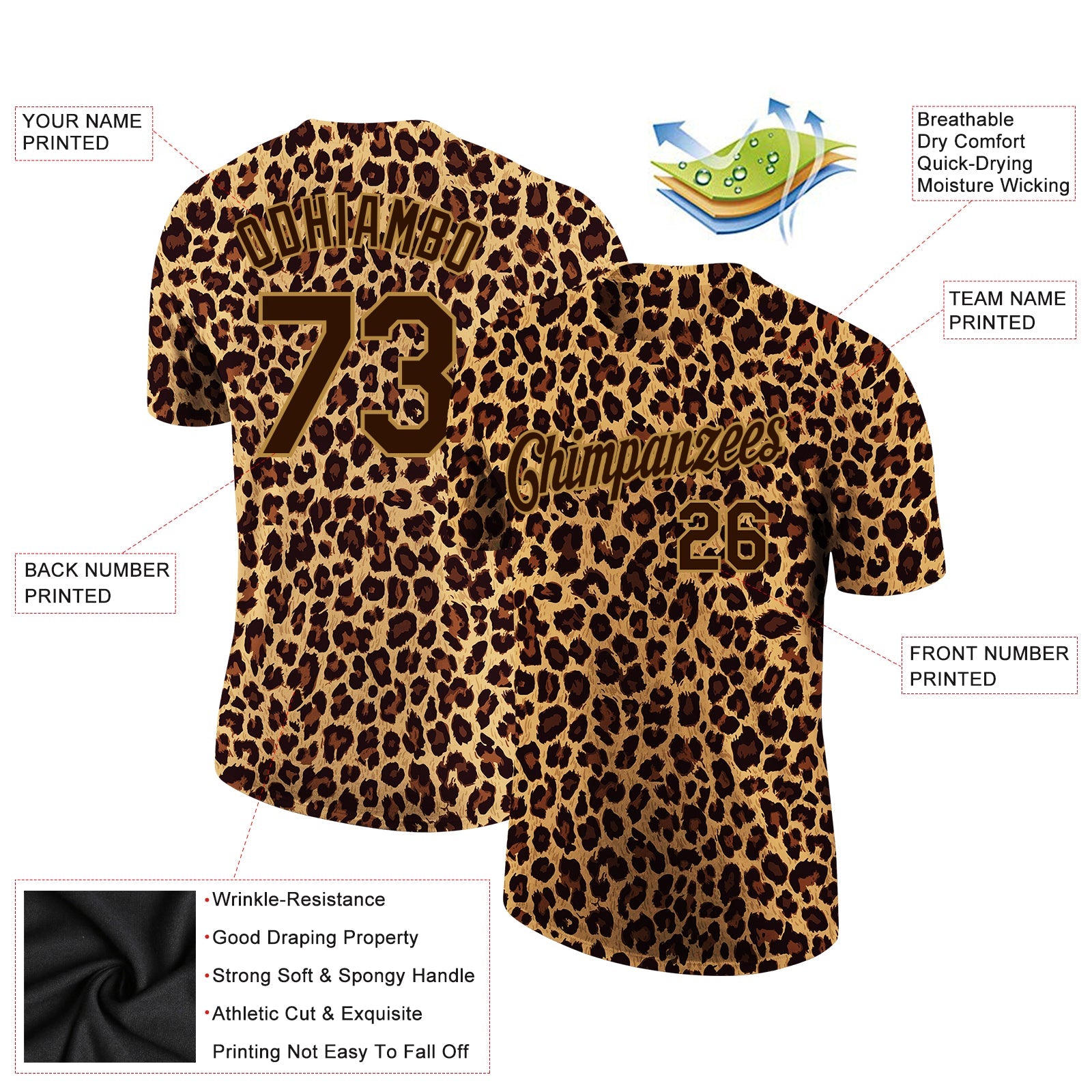 Custom Brown Brown-Old Gold 3D Pattern Design Leopard Performance T-Shirt