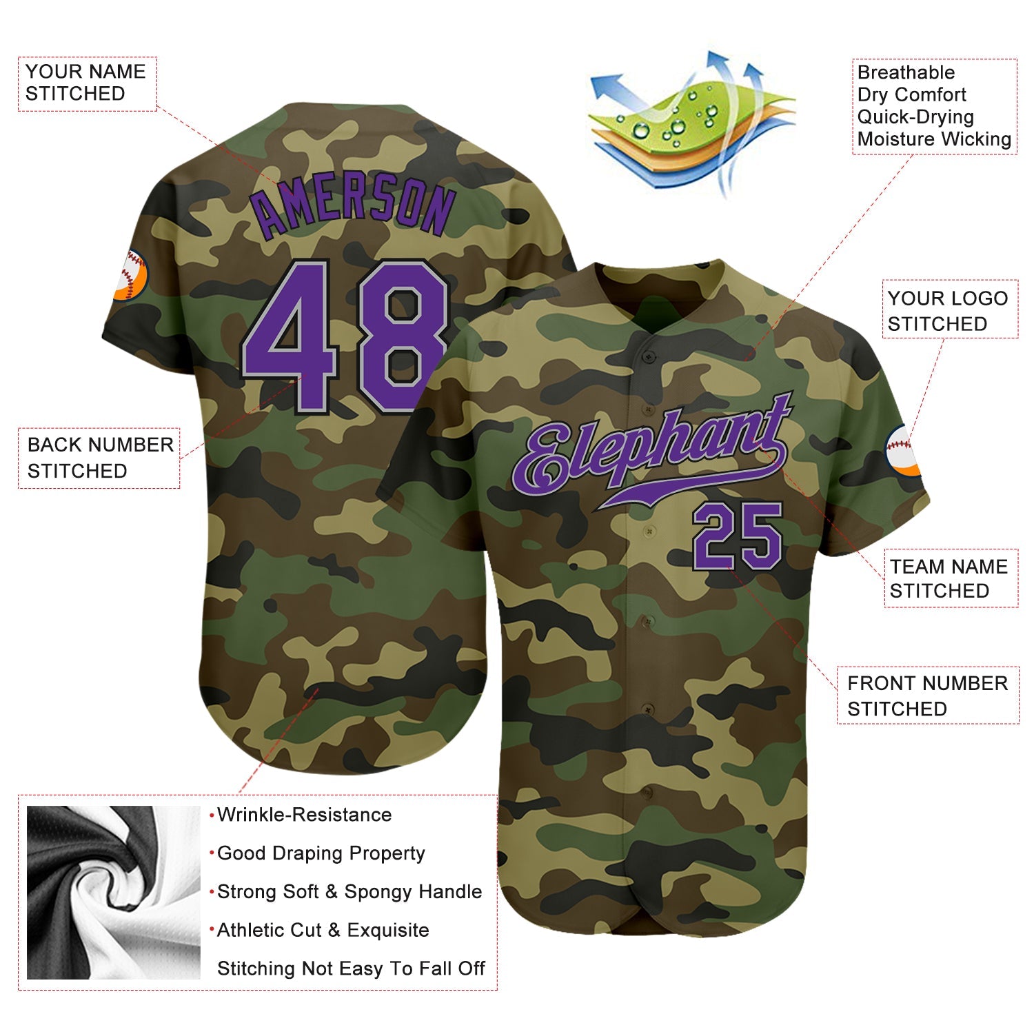 Custom Camo Purple-Black Authentic Salute To Service Baseball Jersey