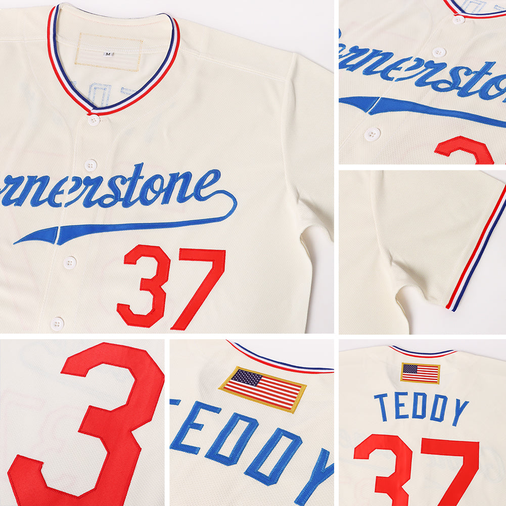 Custom Cream Red-Royal Authentic American Flag Fashion Baseball Jersey