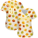 Custom Cream White-Gold 3D Pattern Design Maple Leaf Authentic Baseball Jersey