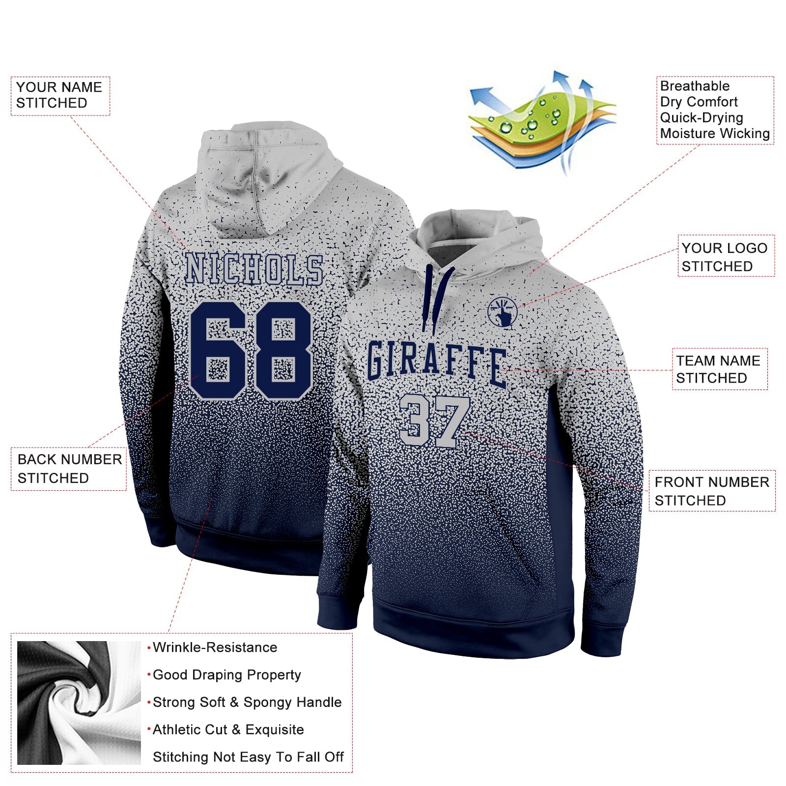 Custom Stitched Gray Navy Fade Fashion Sports Pullover Sweatshirt Hoodie