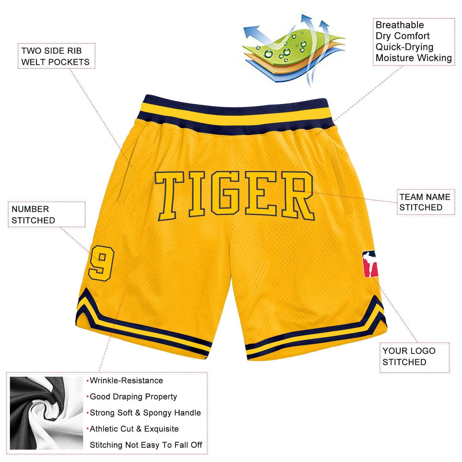 Custom Gold Gold-Navy Authentic Throwback Basketball Shorts