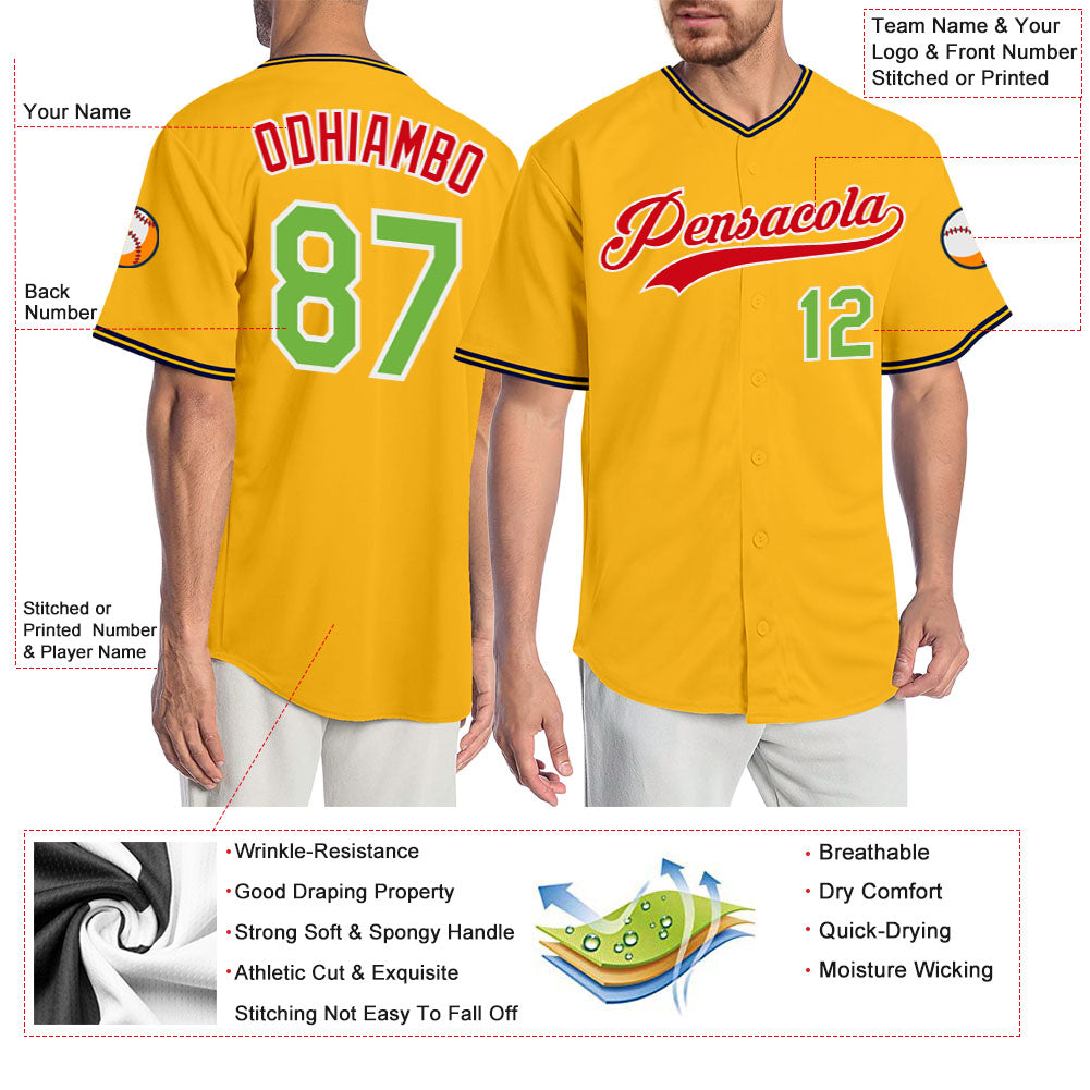 Custom Gold Neon Green-Red Authentic Baseball Jersey