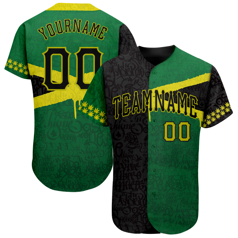 Custom Graffiti Pattern Black-Green 3D Jamaica Authentic Baseball Jersey