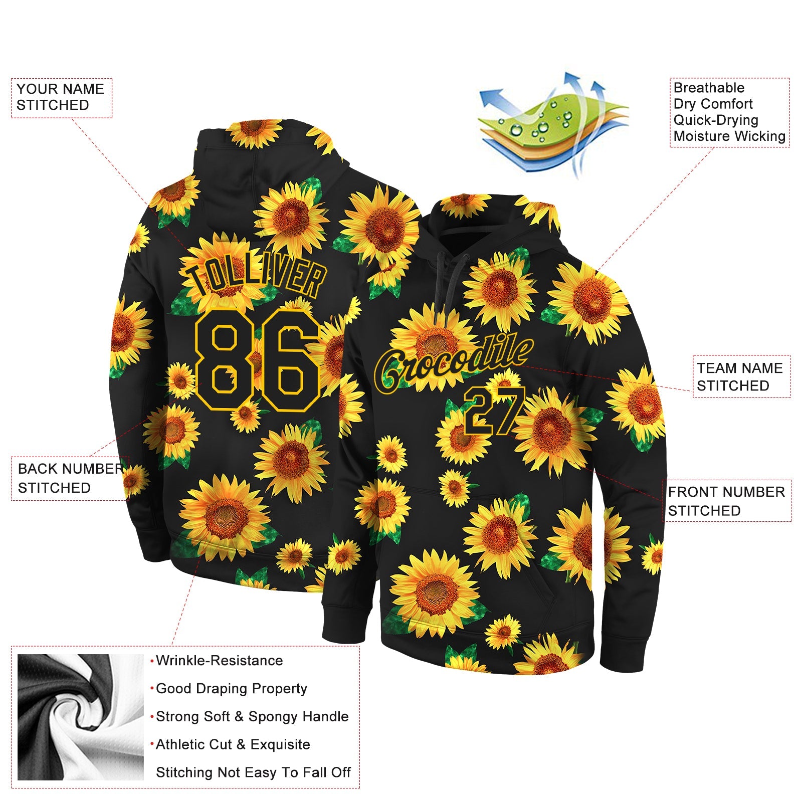 Custom Stitched Graffiti Pattern Black-Gold 3D Sunflowers Sports Pullover Sweatshirt Hoodie