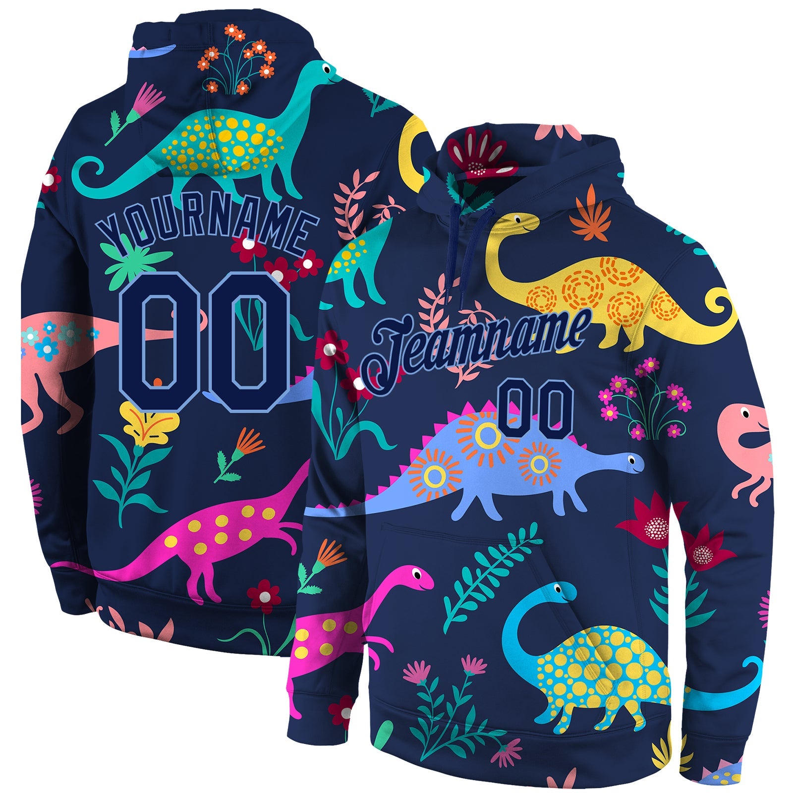 Custom Stitched Graffiti Pattern Navy-Light Blue 3D Dinosaur Sports Pullover Sweatshirt Hoodie