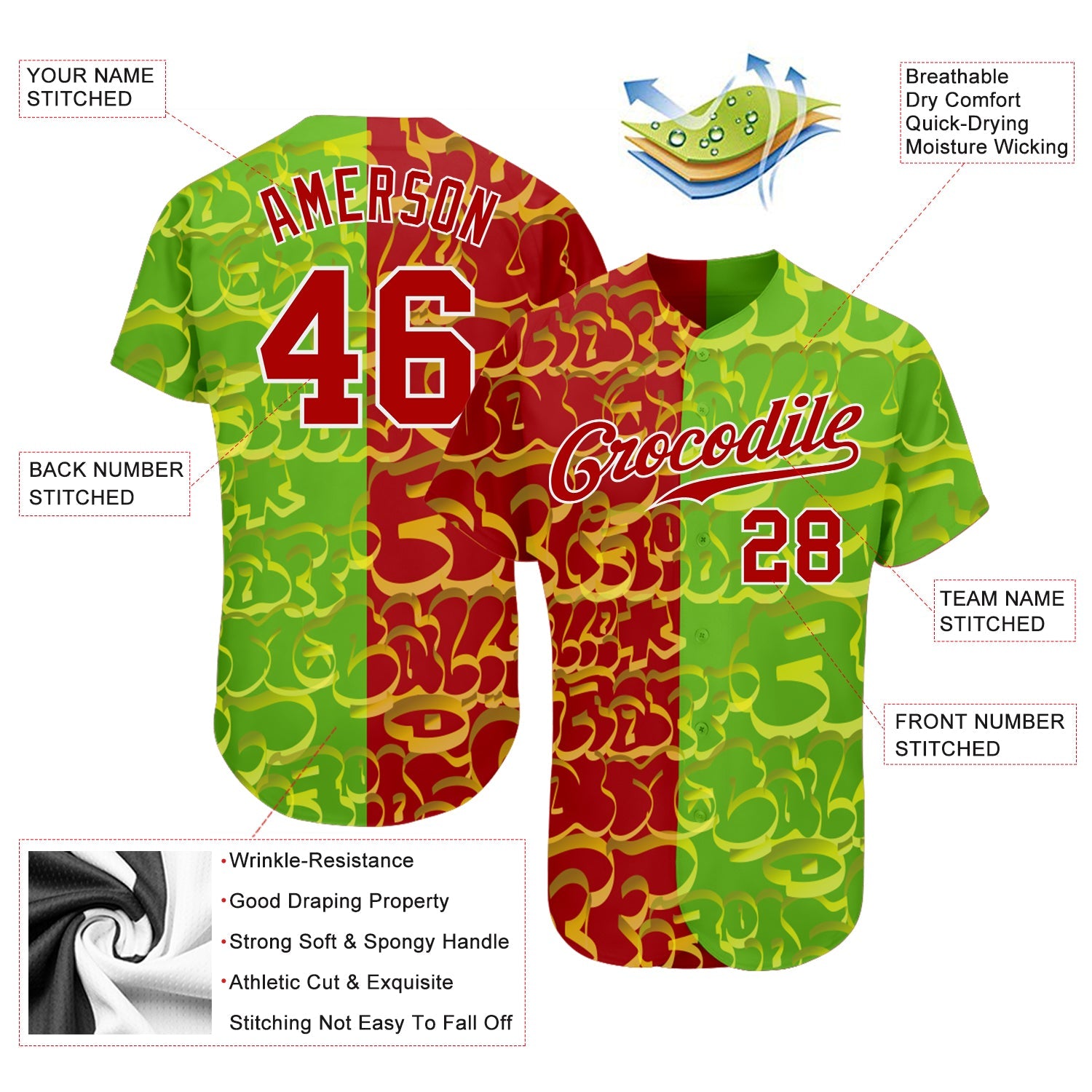 Custom Graffiti Pattern Red-Green 3D Authentic Baseball Jersey