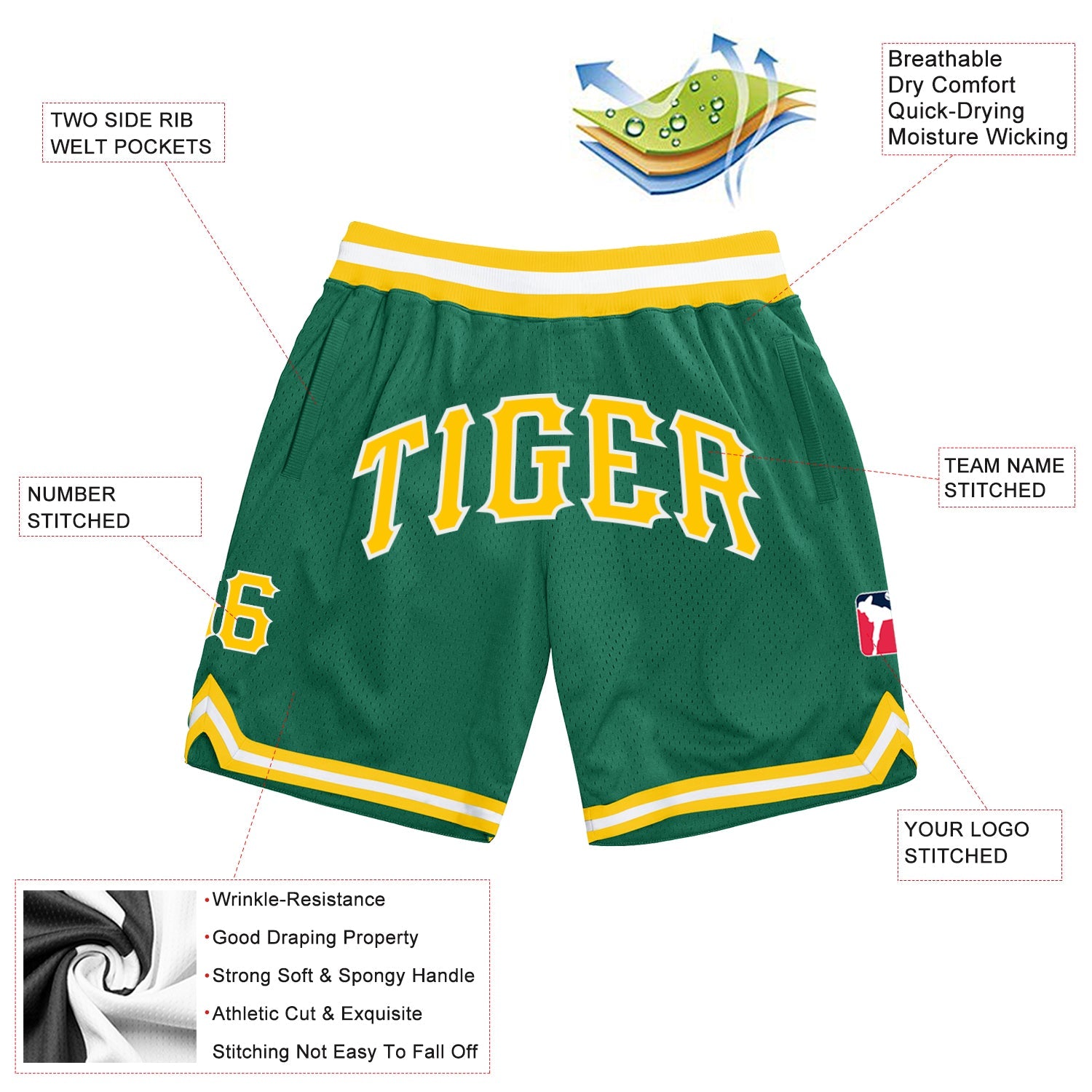 Custom Kelly Green Gold-White Authentic Throwback Basketball Shorts