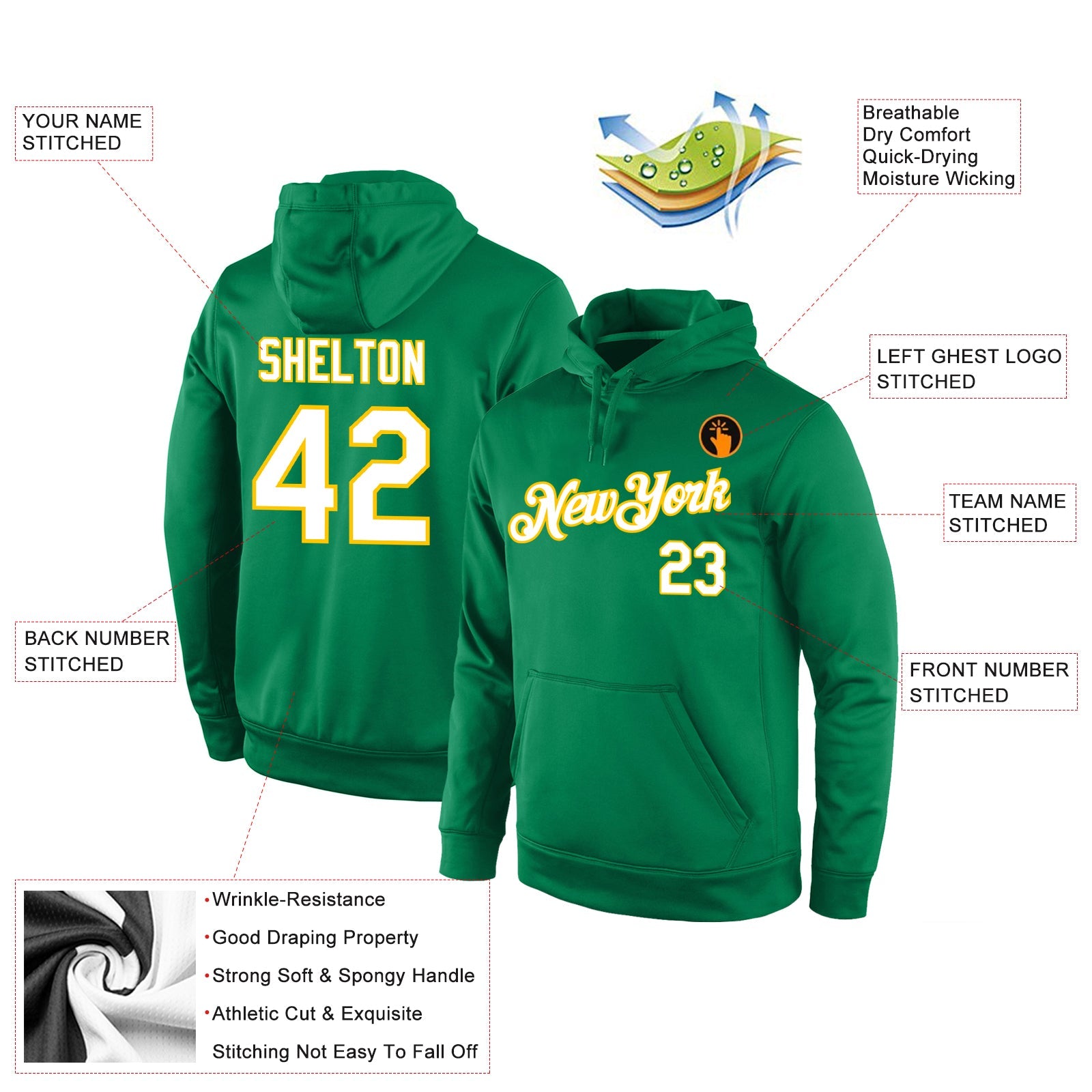 Custom Stitched Kelly Green White-Gold Sports Pullover Sweatshirt Hoodie