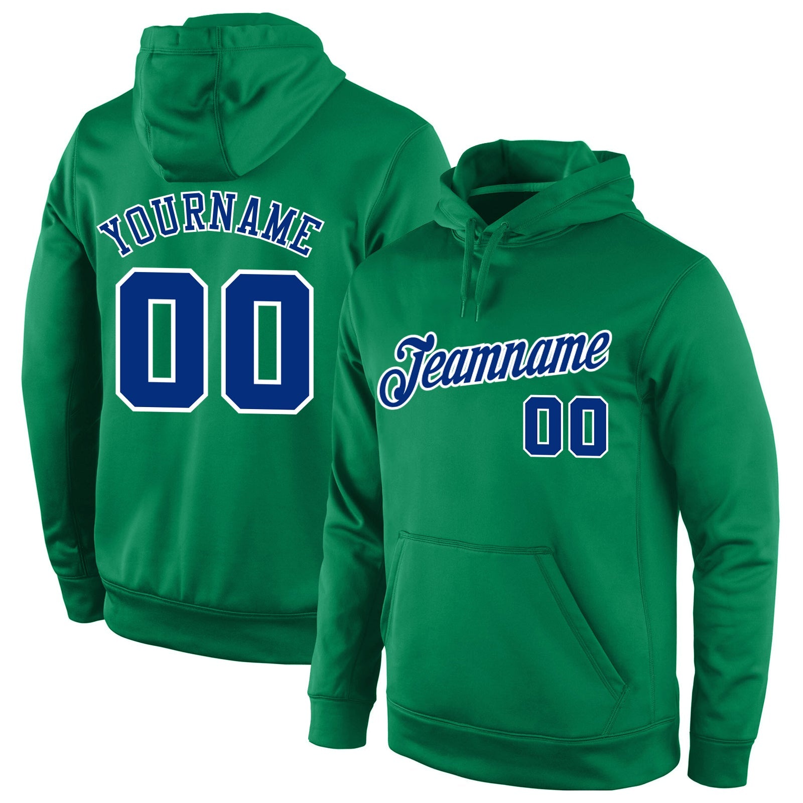 Custom Stitched Kelly Green Royal-White Sports Pullover Sweatshirt Hoodie