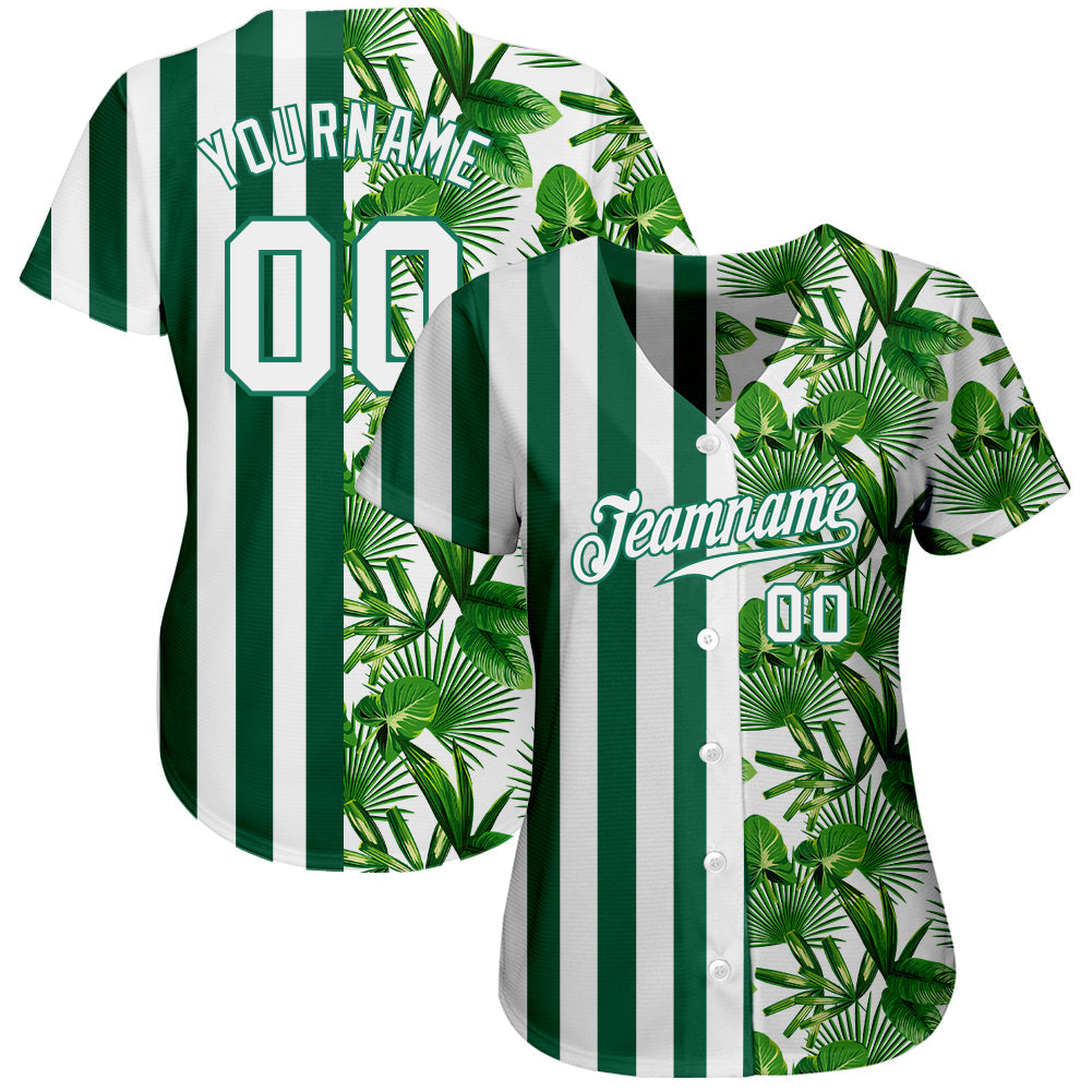 Custom Kelly Green White-Kelly Green 3D Pattern Design Tropical Palm Leaves Authentic Baseball Jersey