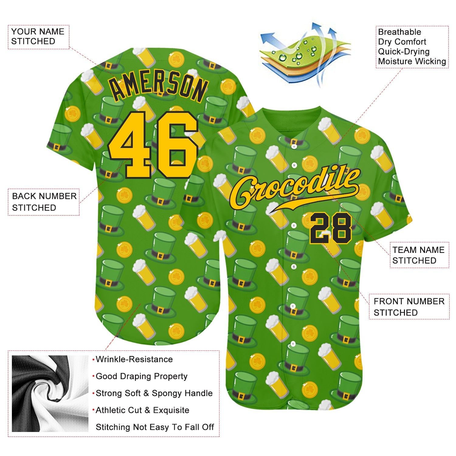 Custom Kelly Green Gold-Black 3D Pattern Design Authentic St. Patrick's Day Baseball Jersey