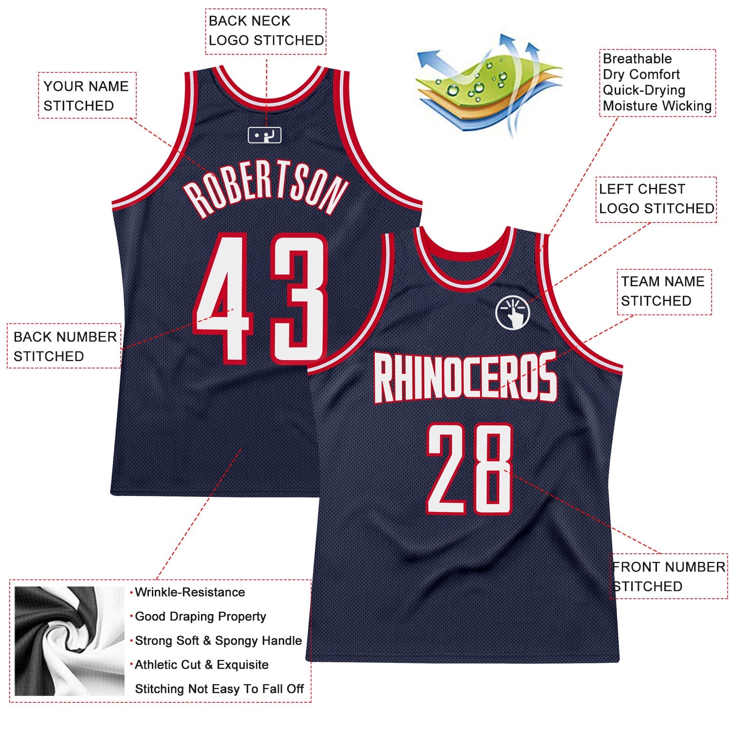 Custom Navy White-Red Authentic Throwback Basketball Jersey