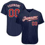 Custom Navy White Pinstripe Red-White Authentic Baseball Jersey