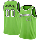Custom Neon Green White Pinstripe White-Black Authentic Basketball Jersey