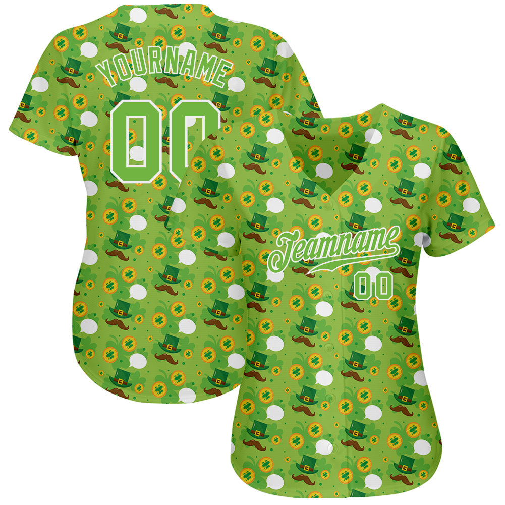 Custom Neon Green Brown-Gold 3D Pattern Design Authentic St. Patrick's Day Baseball Jersey
