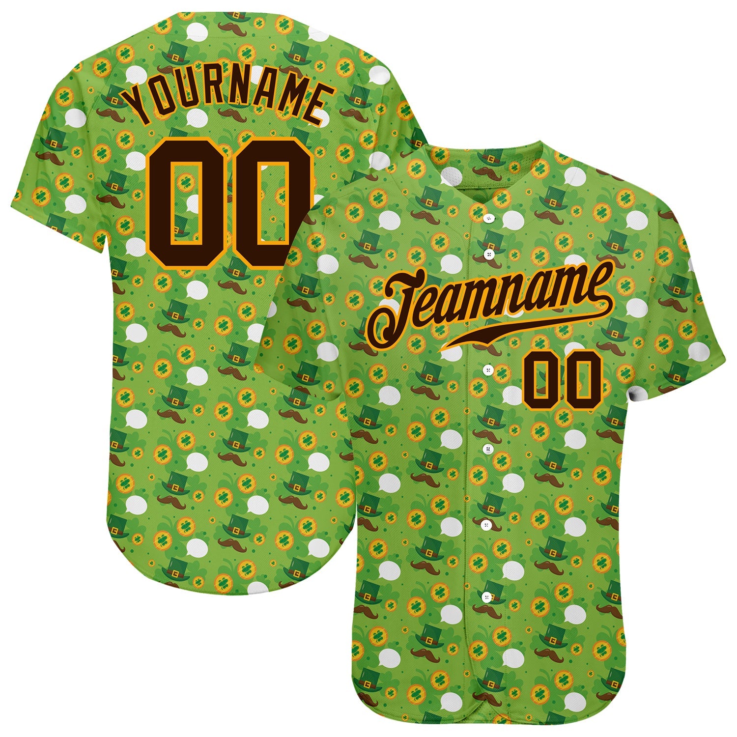 Custom Neon Green Brown-Gold 3D Pattern Design Authentic St. Patrick's Day Baseball Jersey