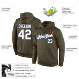 Custom Stitched Olive White-Light Blue Sports Pullover Sweatshirt Salute To Service Hoodie