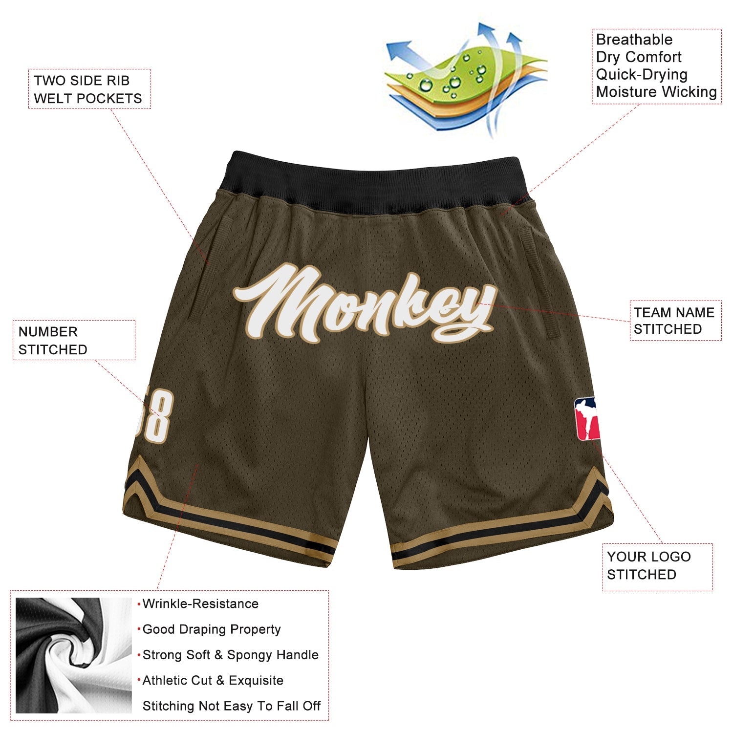 Custom Olive White-Old Gold Authentic Throwback Salute To Service Basketball Shorts