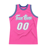 Custom Pink White-Royal Authentic Throwback Basketball Jersey