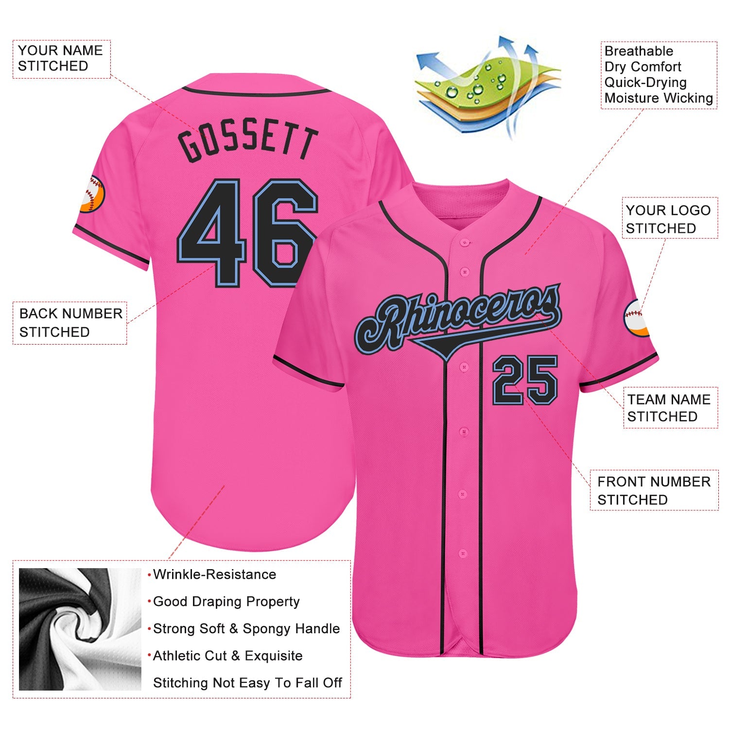 Custom Pink Black-Light Blue Authentic Baseball Jersey