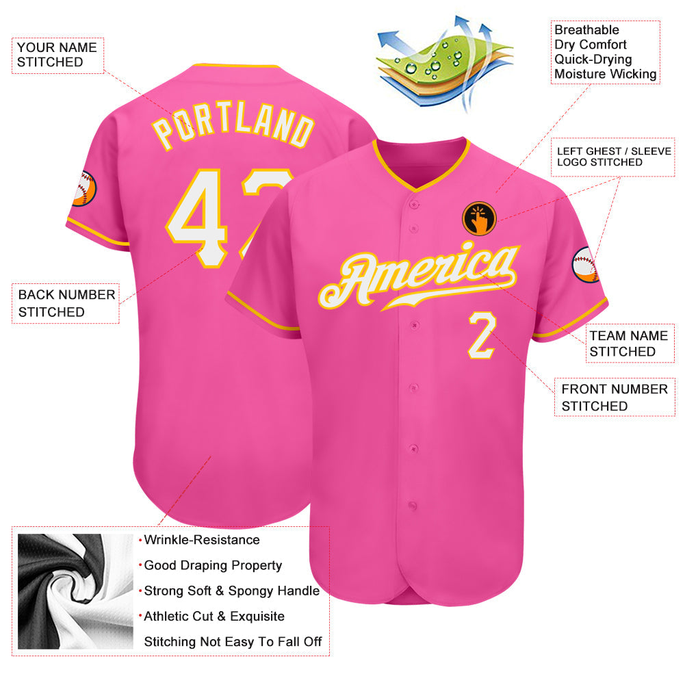 Custom Pink White-Gold Authentic Baseball Jersey