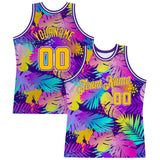 Custom Purple Gold-White 3D Pattern Design Tropical Plants Authentic Basketball Jersey