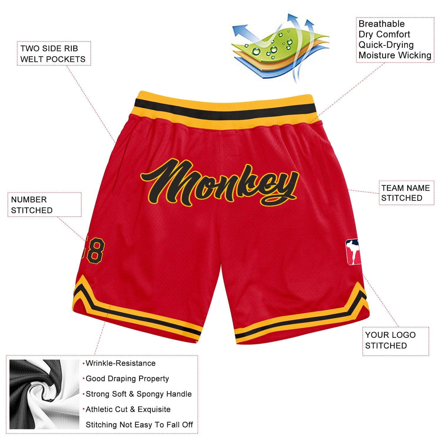 Custom Red Black-Gold Authentic Throwback Basketball Shorts