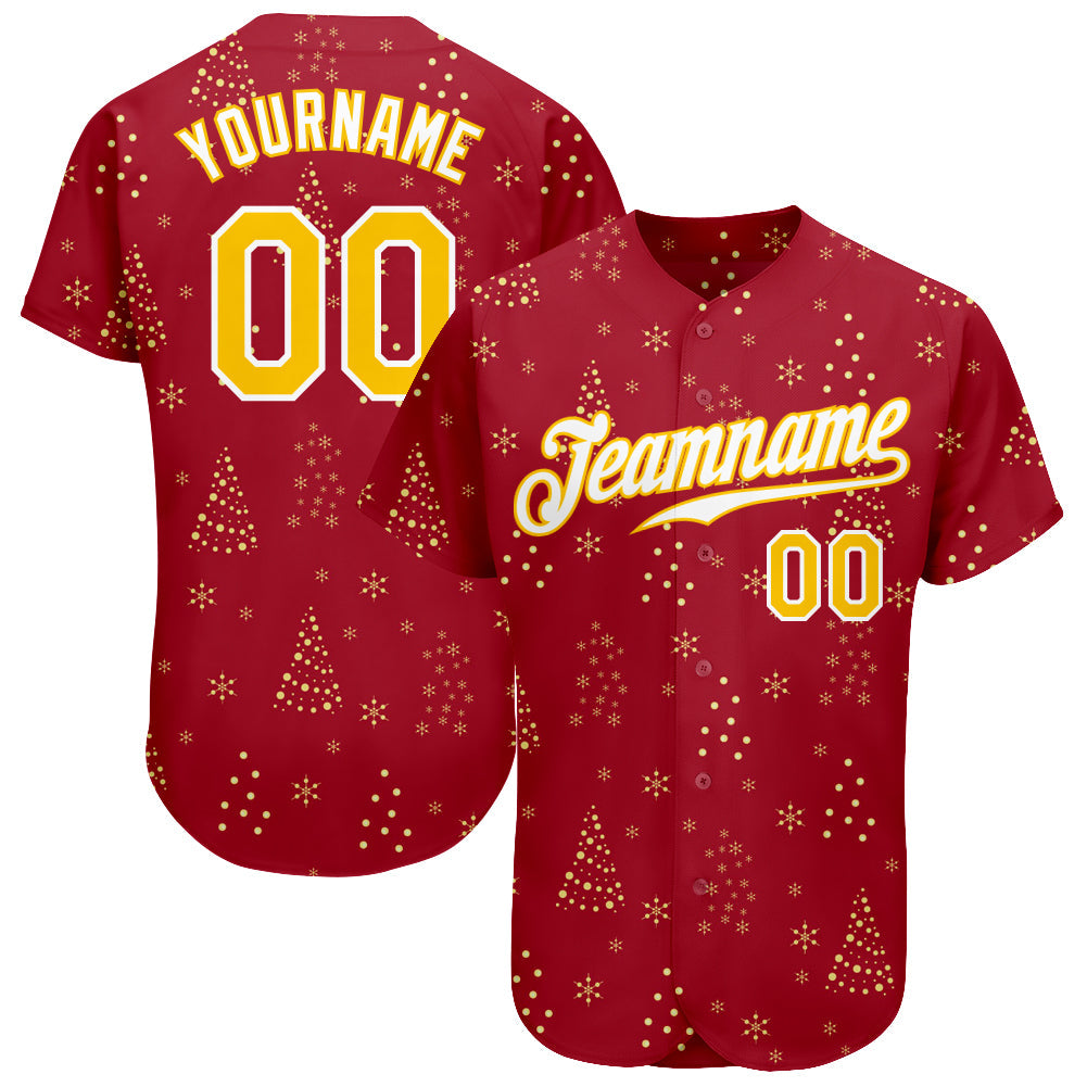 Custom Red Gold-White Christmas 3D Authentic Baseball Jersey