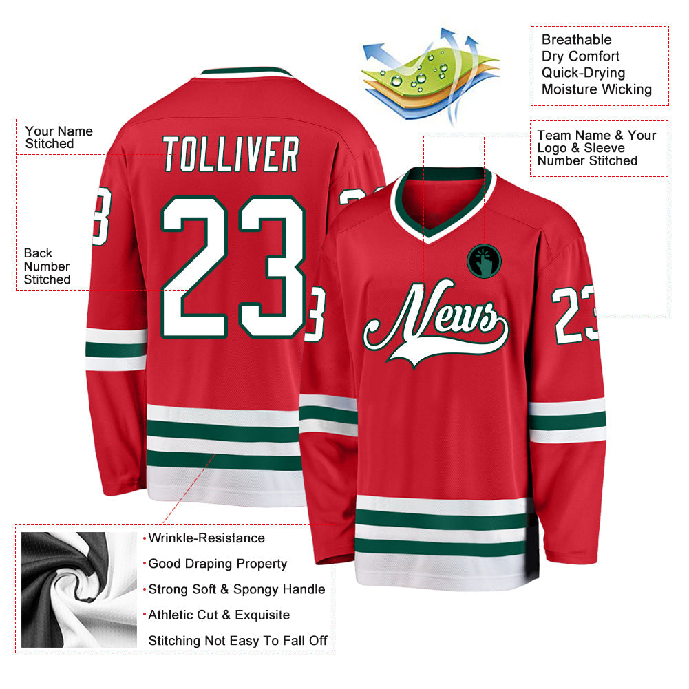 Custom Red White-Green Hockey Jersey