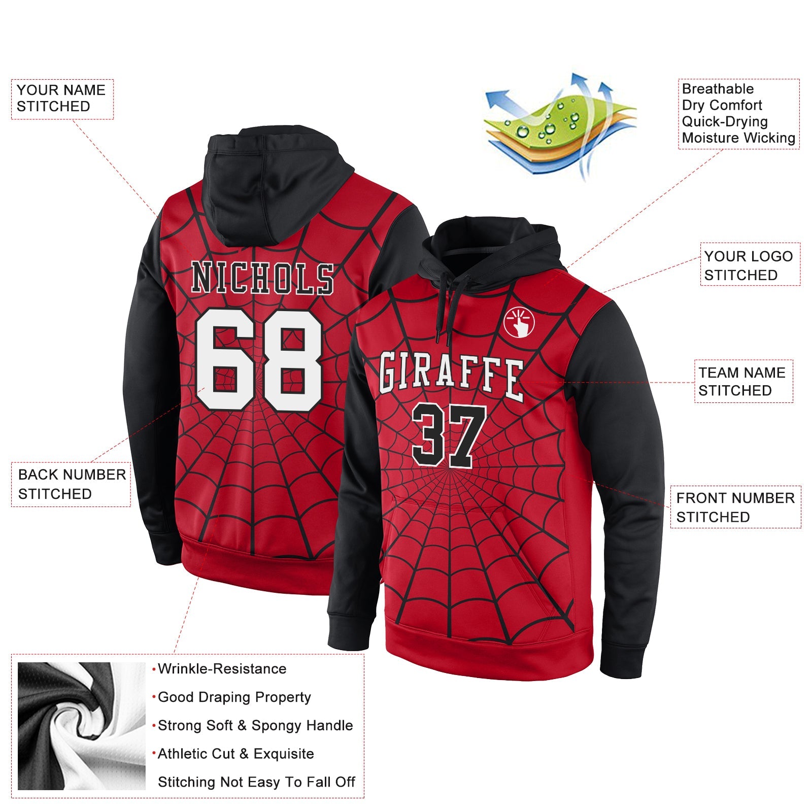 Custom Stitched Red White-Black 3D Pattern Design Spider Sports Pullover Sweatshirt Hoodie