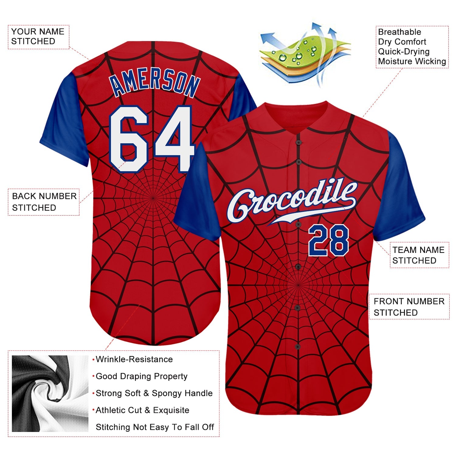 Custom Red White-Royal 3D Pattern Design Spider Authentic Baseball Jersey