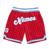 Custom Red White Pinstripe White-Light Blue Authentic Basketball Shorts