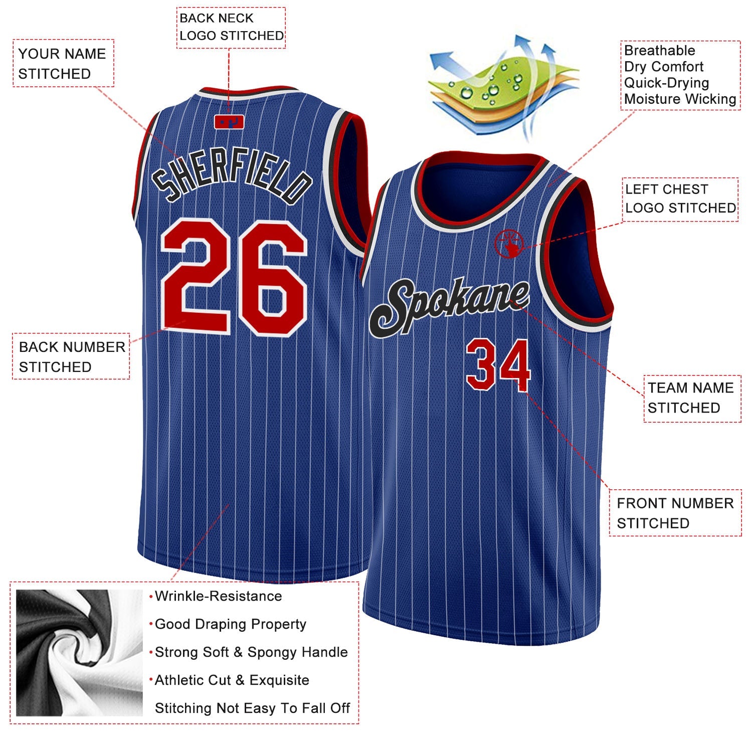 Custom Royal White Pinstripe Red-Black Authentic Basketball Jersey